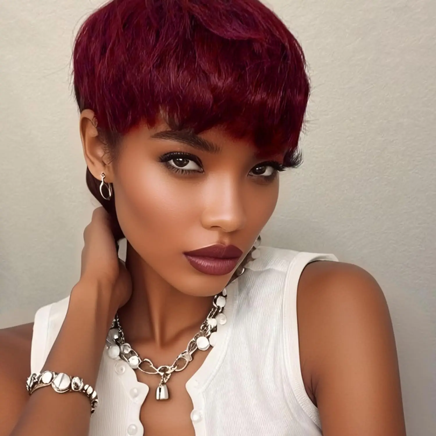 بورجوندي قصير عابث قطع شعر مستعار مع الانفجارات شعر الإنسان بوب النبيذ الأحمر مستقيم الشعر قبل قطعها آلة صنع الباروكات للنساء السود