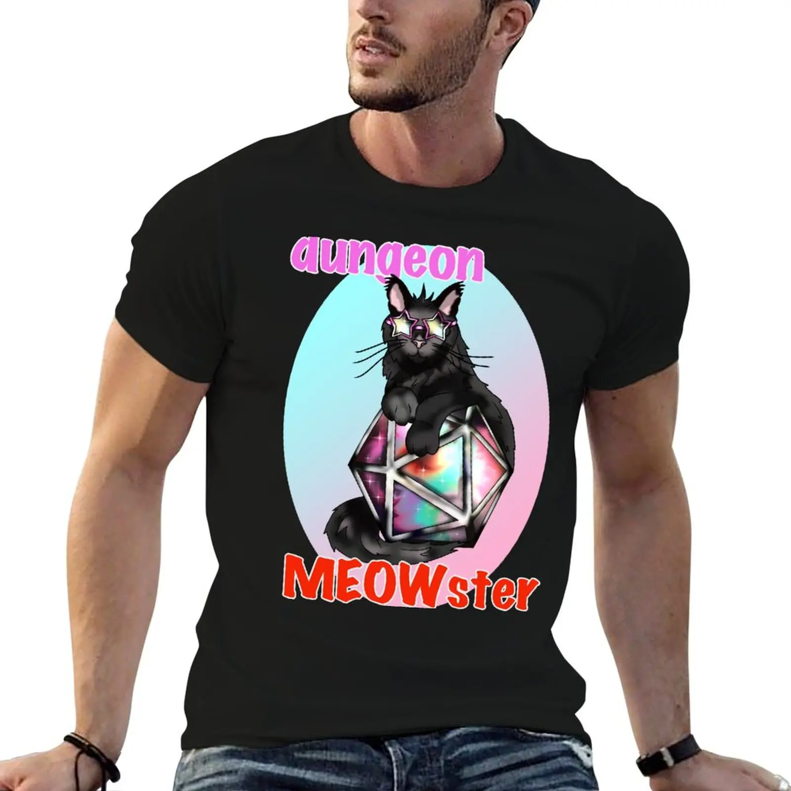 

Black cool cat dungeon meowster with D20 dnd dice T-Shirt man t shirts for men casual t shirt man luxury T-Shirt