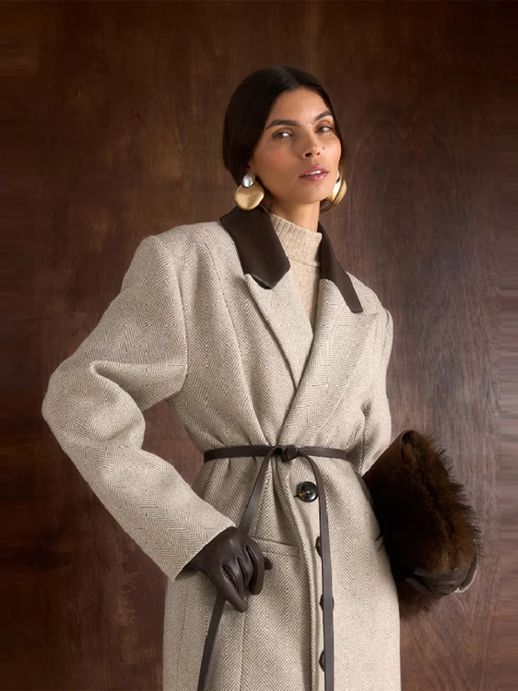 

Fashion Waist Cinching Woolen Long Coat For Women Lapel Long Sleeve Single-breasted Coats With Belt New Lady Commuter Outwear