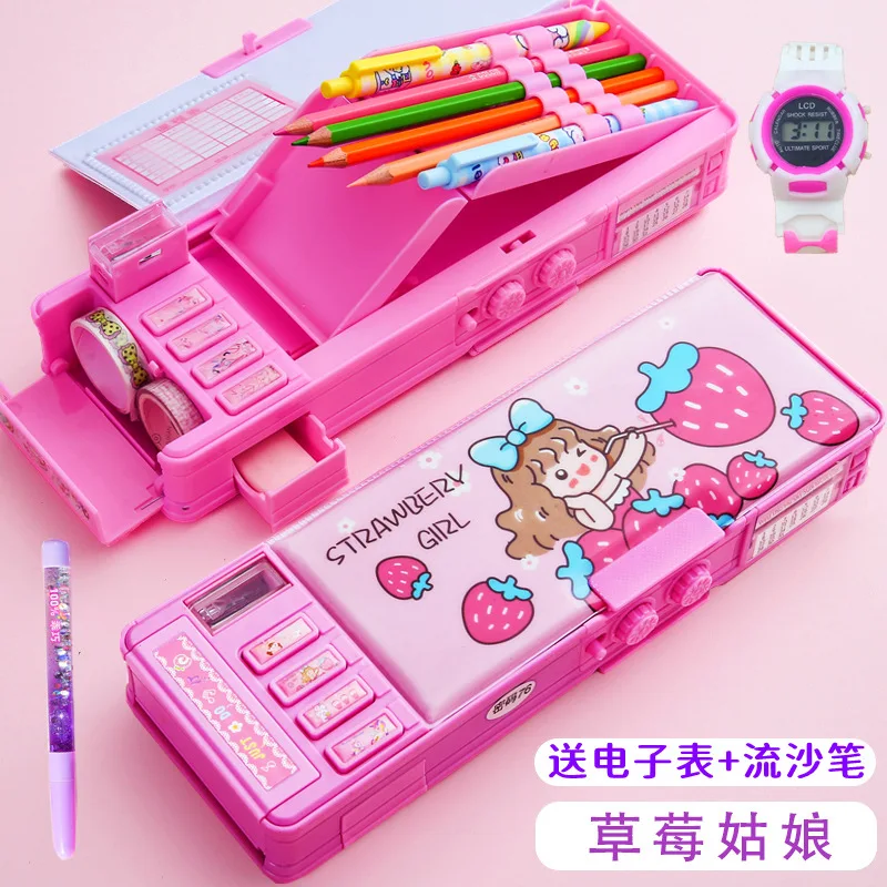 Mechanical deformation combination lock stationery box girl cute pencil case school student pencil box Cartoon plastic pen case