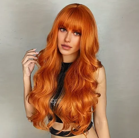 Selling synthetic fiber wig female orange long hair big waves fashion air bangs long curly hair mechanism full head set