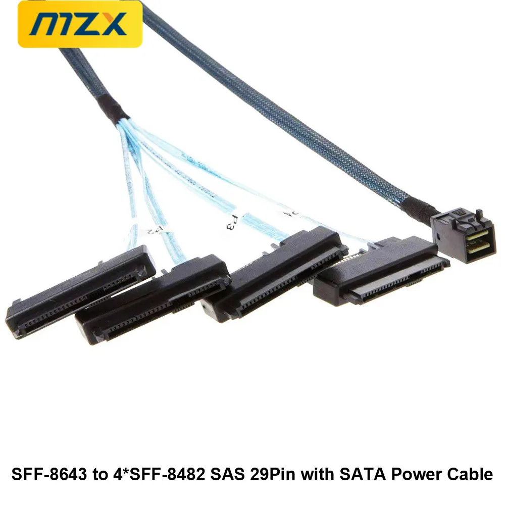 MZX SFF-8643 to 4 SFF-8482 with 29Pin SATA Power Connector Mini-SAS to SAS Cable 2-in-1 Adapter 50cm/1.64ft Computer Hardware