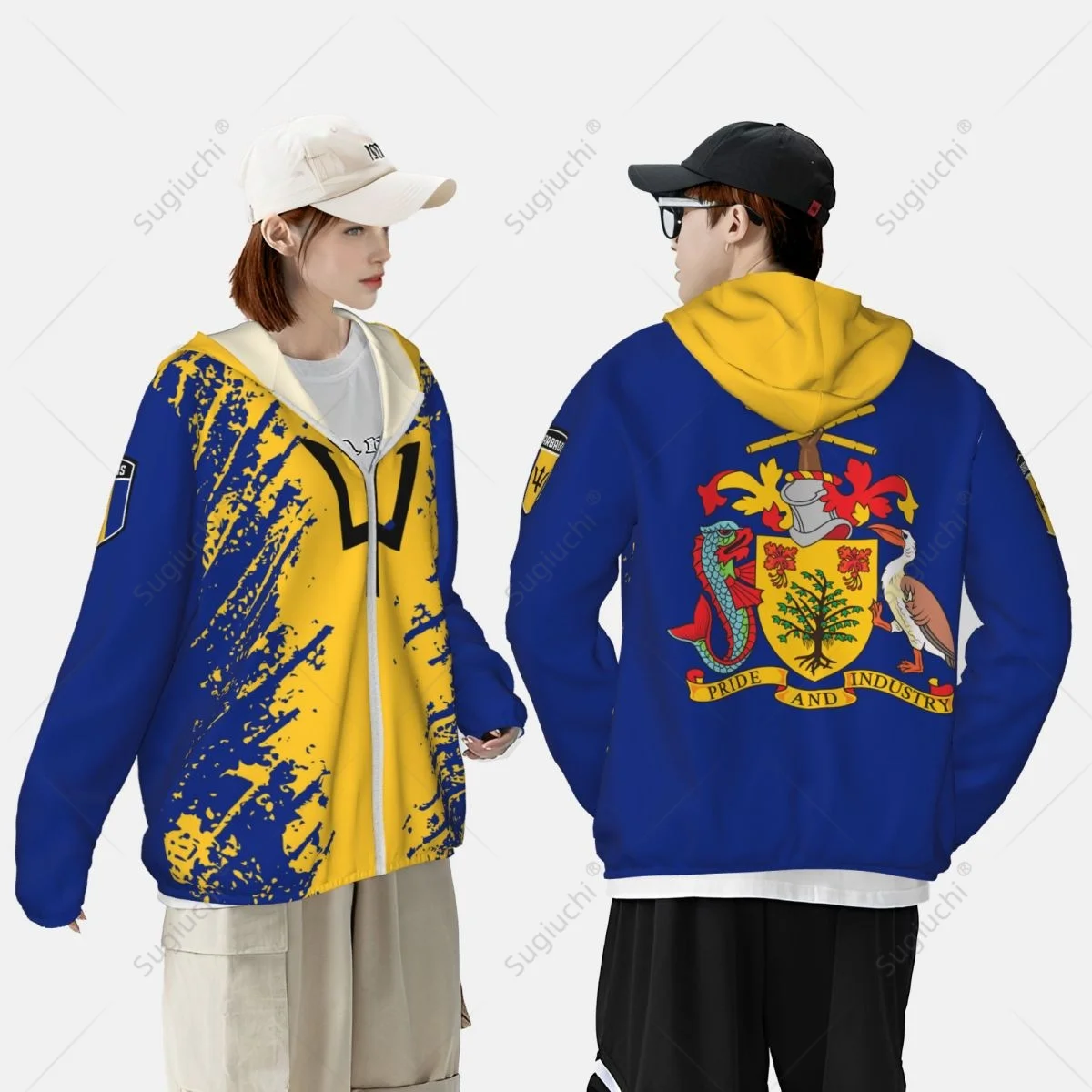 Barbados Flag Sun Protection Hoodie Sunscreen Clothes Fishing Cycling Running Quick Dry Long Sleeve With Zipper Polyester