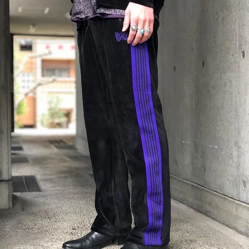 1:1 Cotton Velvet Pants Purple Butterfly Embroidery+Webbing Track Stripe Oversize Sweatpants Trousers Black Men Women