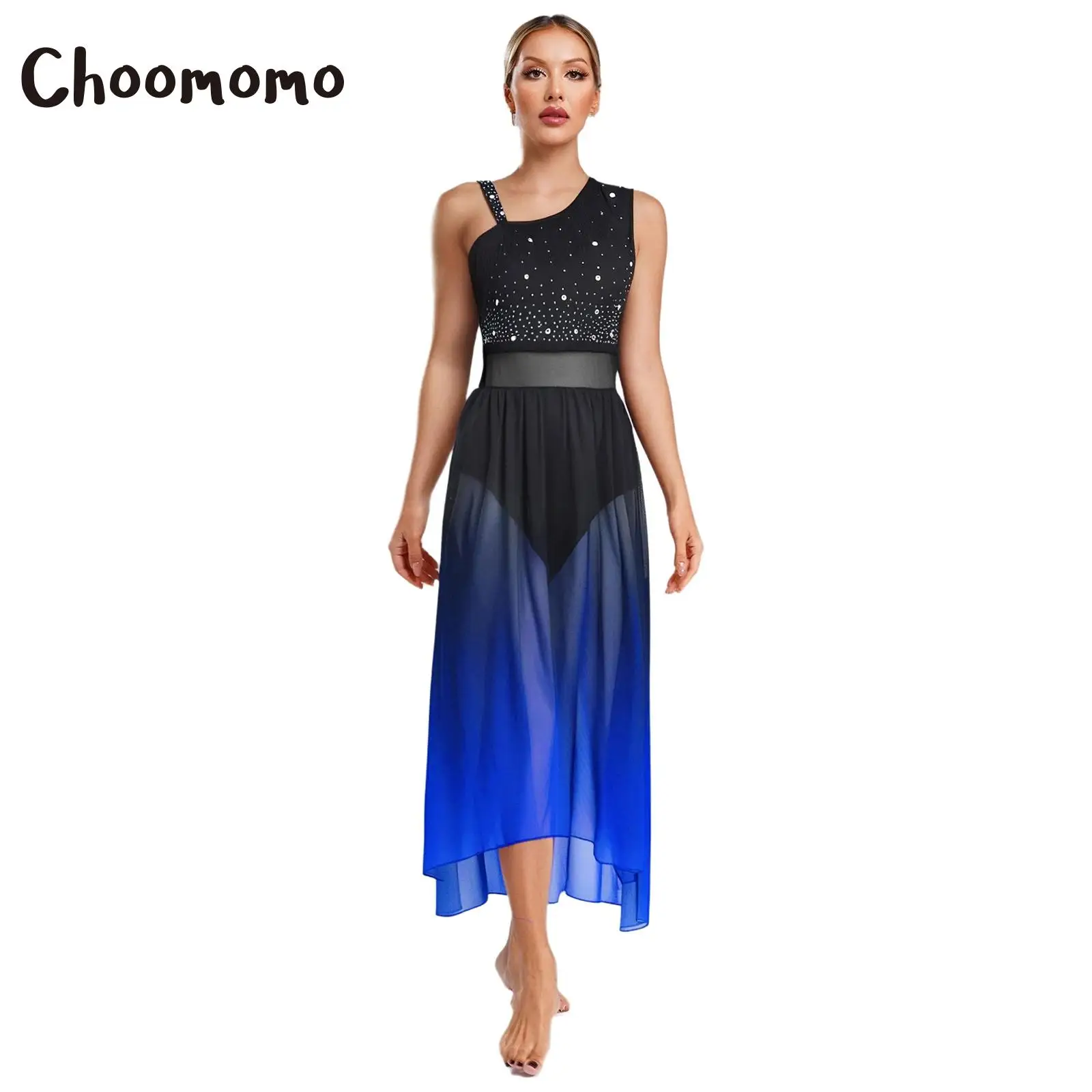 

One Piece Women Lyrical Dance Dress Gradient Color Asymmetrical Shoulder Straps Tassel Built-in Briefs Modern Dance Outfit
