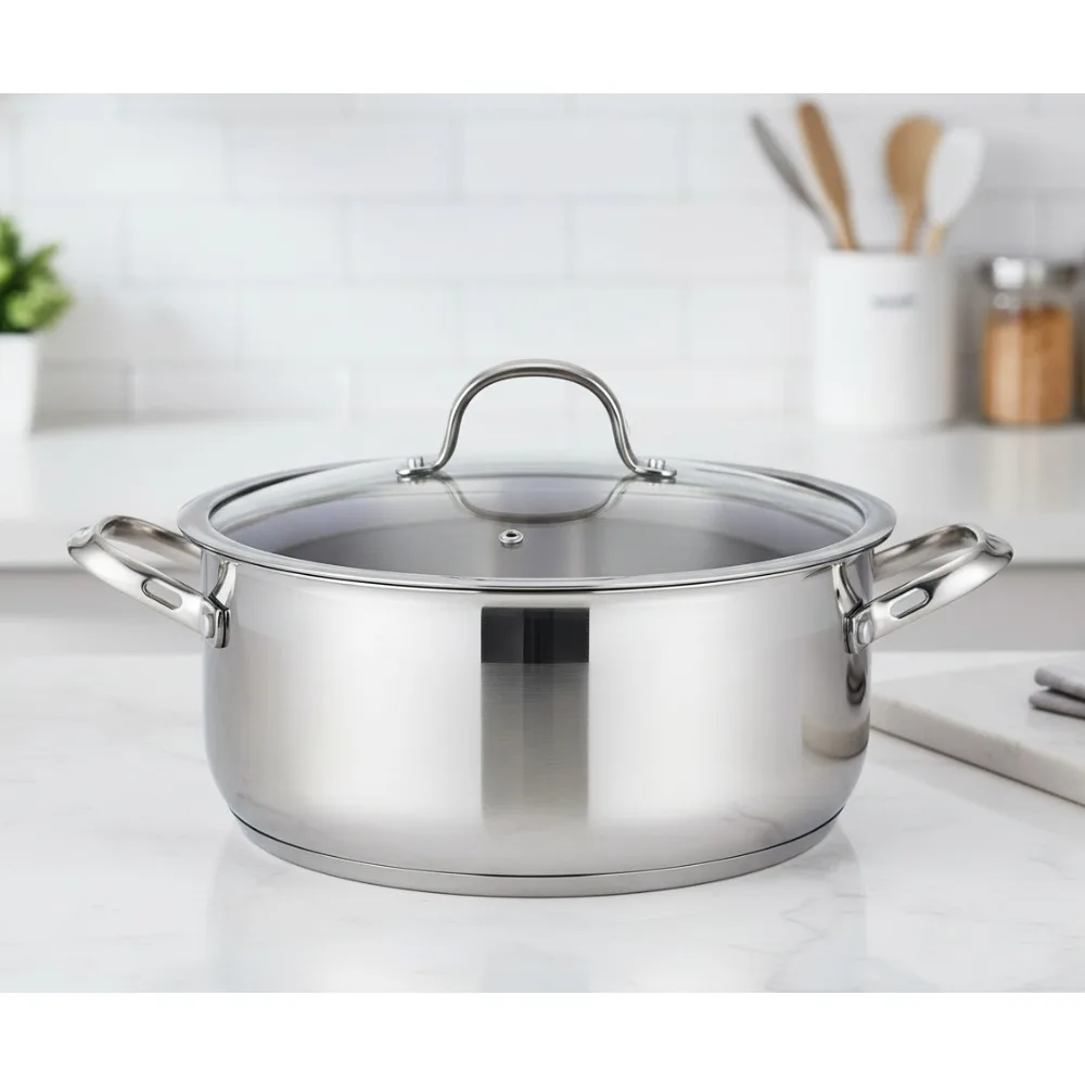 

7-Quart Stainless Steel Dutch Oven with Glass Lid - Even Heating Multi-Purpose Pot for Home Cooks