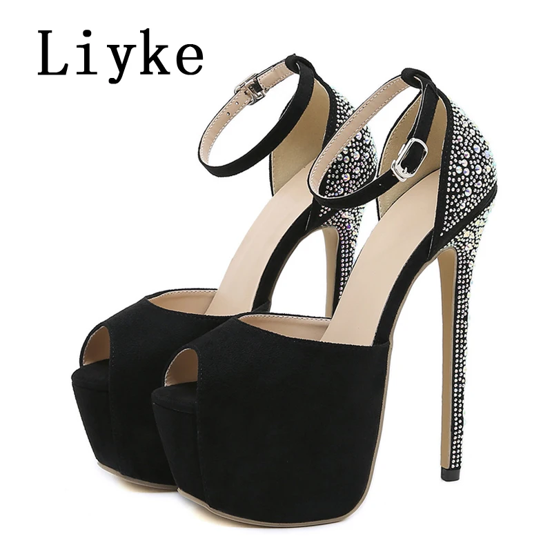 Liyke Runway Style Rhinestones Women Super High Heels Sexy Sandals Open Toe Ankle Buckle Strap Platform Shoes Stiletto Mujer