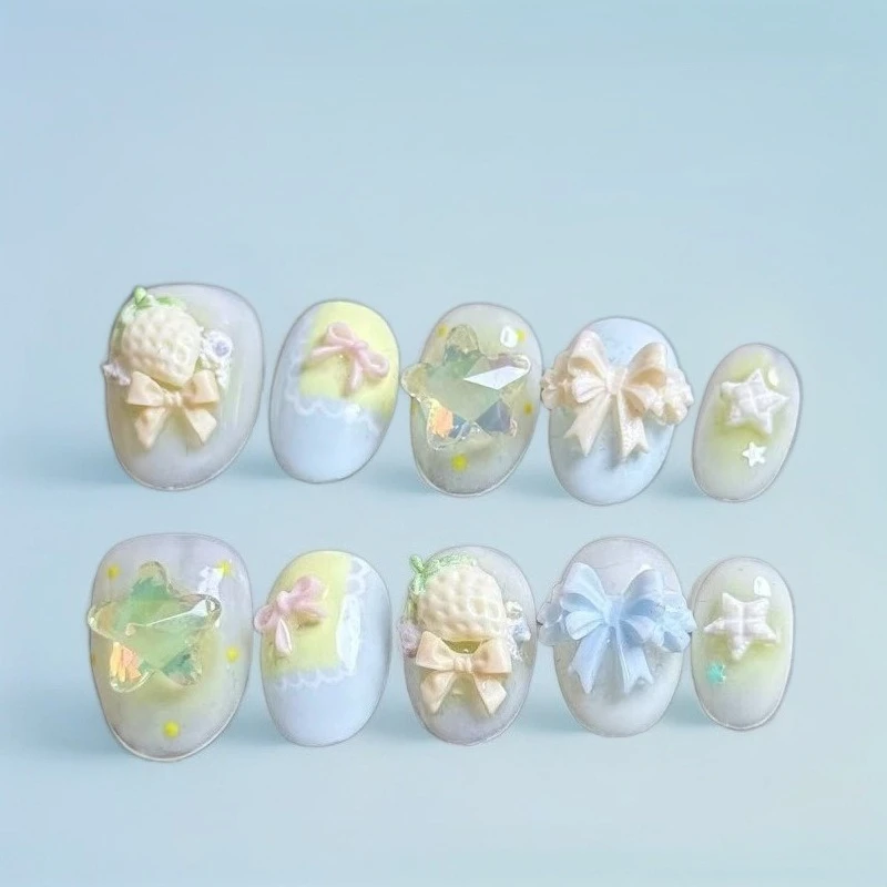 

10 Pieces Dreamy Fairy Tale Cute Handmade Press On Nails Strawberry Puff Star Bow Fake Nails Removable Reusable