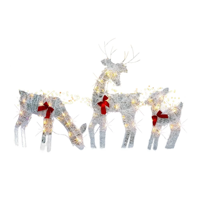 

3 Piece Lighted Christmas 2D Reindeers Outdoor Decorations White Metal Up Xmas Rudolph & Santa Sleigh With Lights