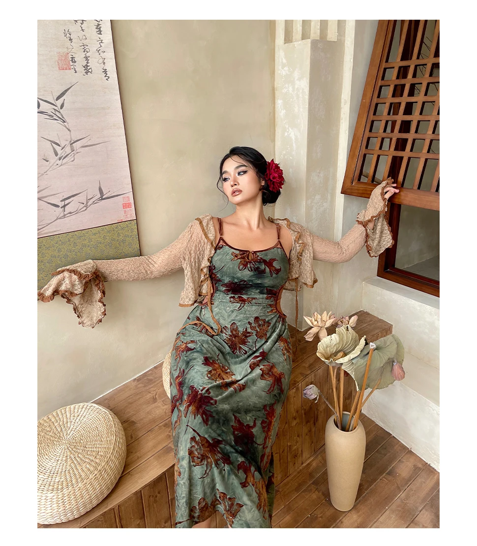 Large Size Spring New Sexy French Street Print Suspender Dress Temperament Girls High Waist A-line Sleeveless Cheongsam Dresses