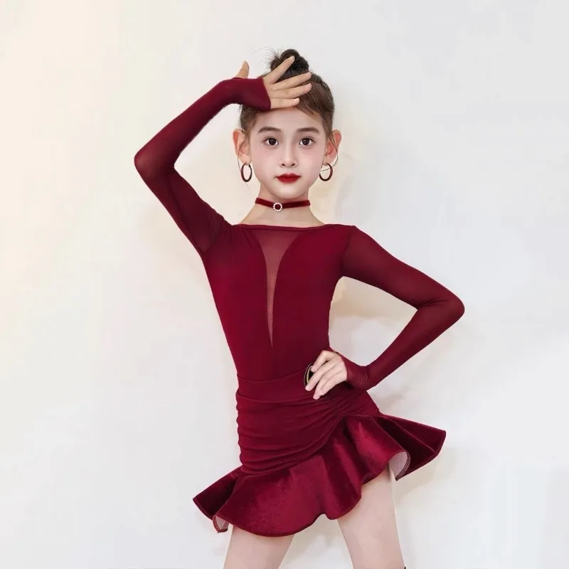 

Customized Latin Dance Dress Set for Girls and Children Training Skills Long Sleeve Top Half Skirt Performance Dress