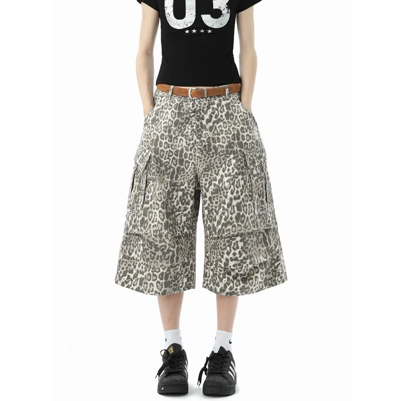 Women’s Jeans  3 4 Length Leopard Print Loose Wide Leg Denim Shorts Summer Fashion Classic