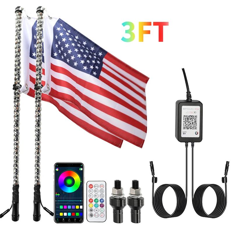 3FT LED Whip Lights App Remote Control Flagpole Antenna Whips For UTV ATV Off Road Truck Sand Buggy Dune RZR Flagpole Lamp