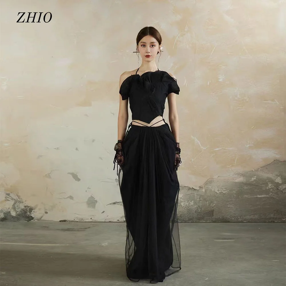 ZHIO moderno negro 2 uds vestido de fiesta de boda Halter plisado hasta el suelo sesión de fotos de Corea vestido de noche de recepción nupcial personalizado