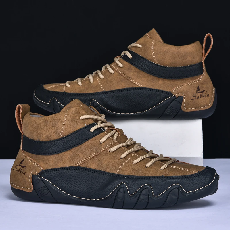 New 2024 Handmade Leather Men Boots Fashion Designer Shoes Man Leather Ankle Boots Men Walking Shoe Breathable Hombres Botas