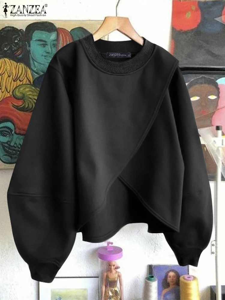

Irregular Hem Round Neck Jumper ZANZEA Korean Fashion Lantern Long Sleeve Pullovers Women Casual Solid Loose Knitted Sweatshirts