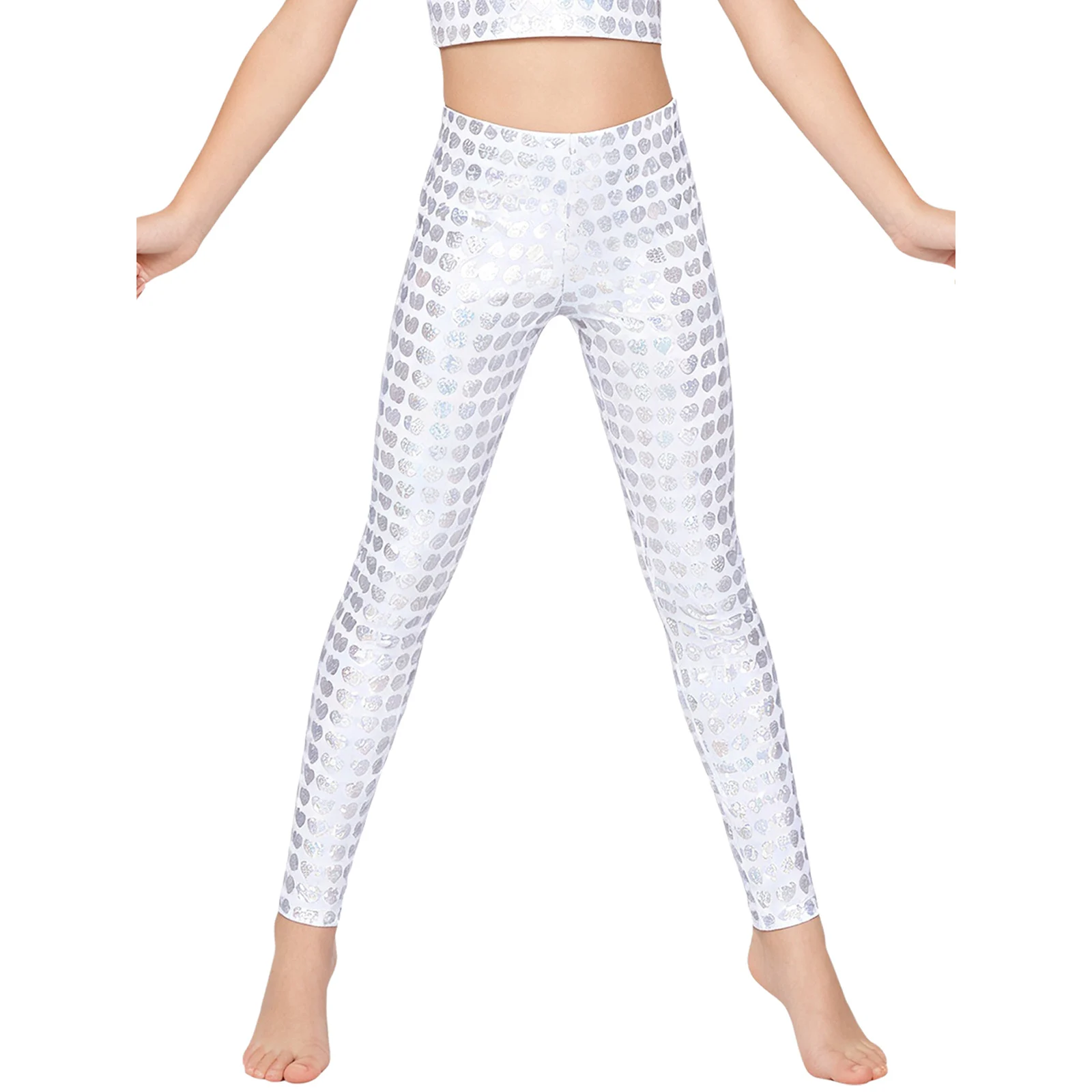 Children Metallic Heart Printed Leggings Jazz Dance Ballet Gymnastics Performance Costume Elastic Waistband Shiny Skinny Pants