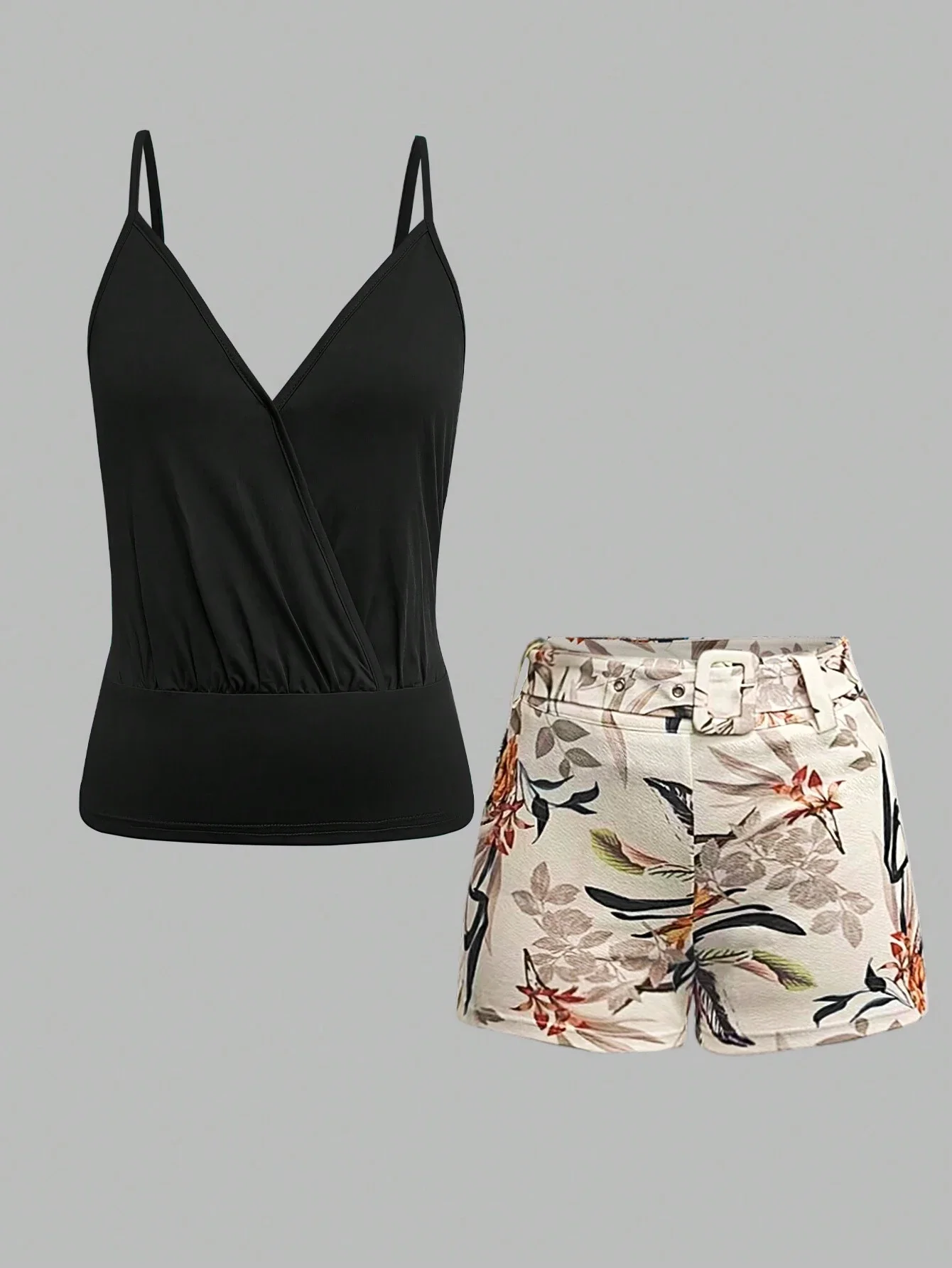 

Women Summer Black Wrap Top And Floral Print High Waist Shorts Two Piece Set