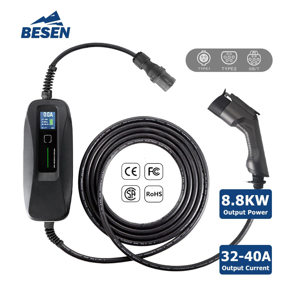 

BESEN Max 40A 32A EV CHARGING BOX 7.2kW 8kW PORTABLE ELECTRIC VEHICLE CHARGER with LCD SCREEN