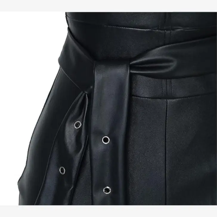 Krasa Women's Sexy Strapl PU Leather Split Dr Bla  Skirt High Waist Street Sle Spring Faion Wrap Chest Design