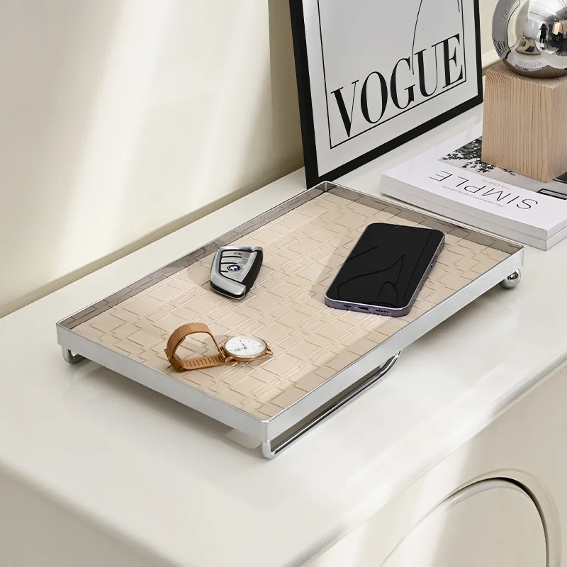 French Style Decorative Tray for Entryway Table, Organizer for Keys, Aroma, Perfume, Tea Cups & Cosmetics, Iron & Leather