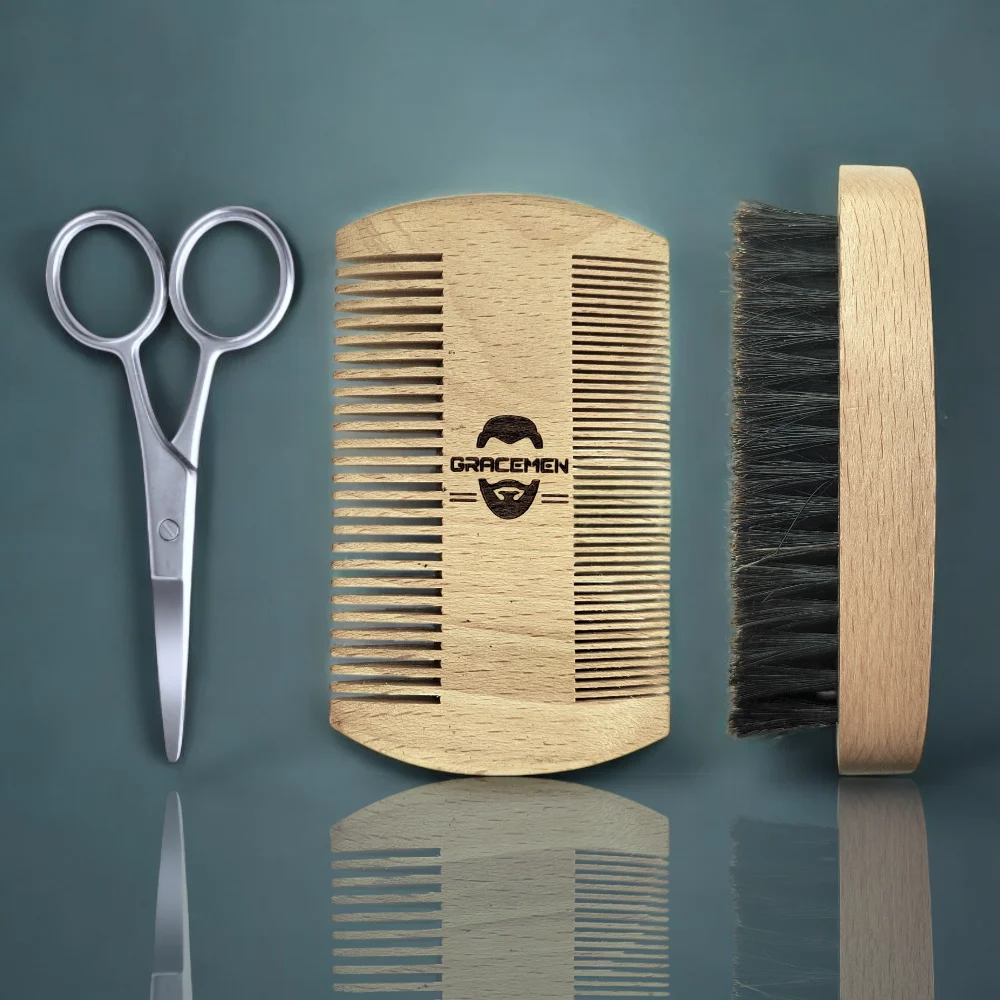 The Gracemen Professional Medium Soft Boar Bristle Wood Beard Shaving Brush Comb Kit Beard Brush & Comb & Scissors Grooming Kit