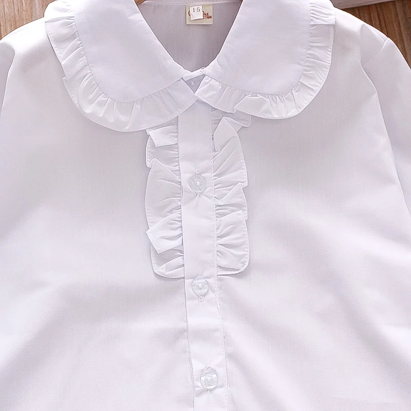 Spring and Autumn New Girls\' Shirt Long Sleeve Turn Over Face Lace Fold Buttons Pure White Long Sleeve Blouse Girl Baby