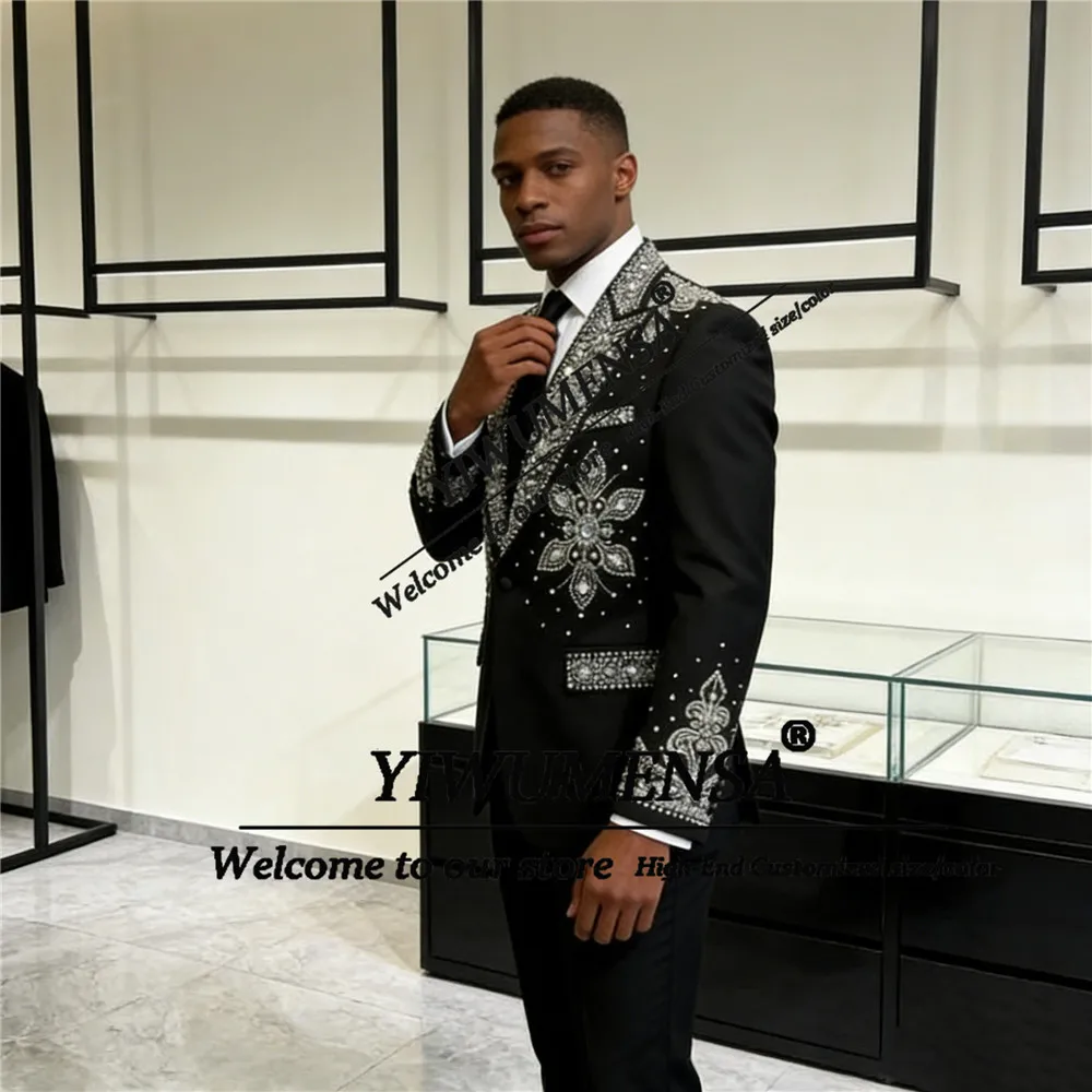 

Luxury Crystals Beading Suits Attire For Men Single Breasted Prom Blazer Customized Man Party Groom Tuxedos Male Fashion Attire