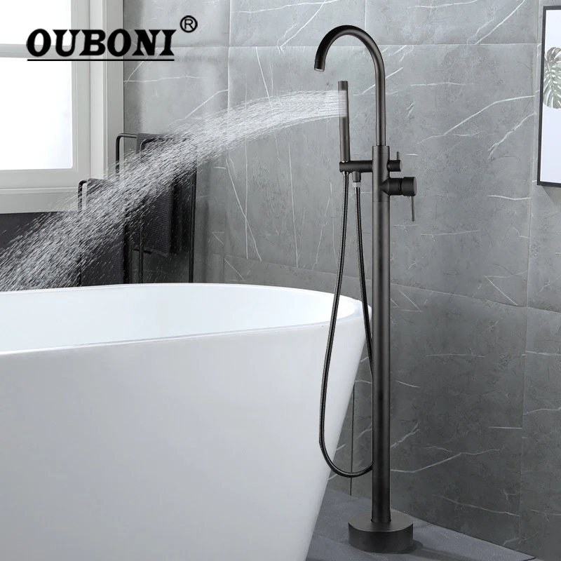 OUBONI Free Standing Bathtub Shower Faucet Solid Brass Black Shower Systerm Bathroom Bath 360 Swivel Bathtub Mixer Shower Set