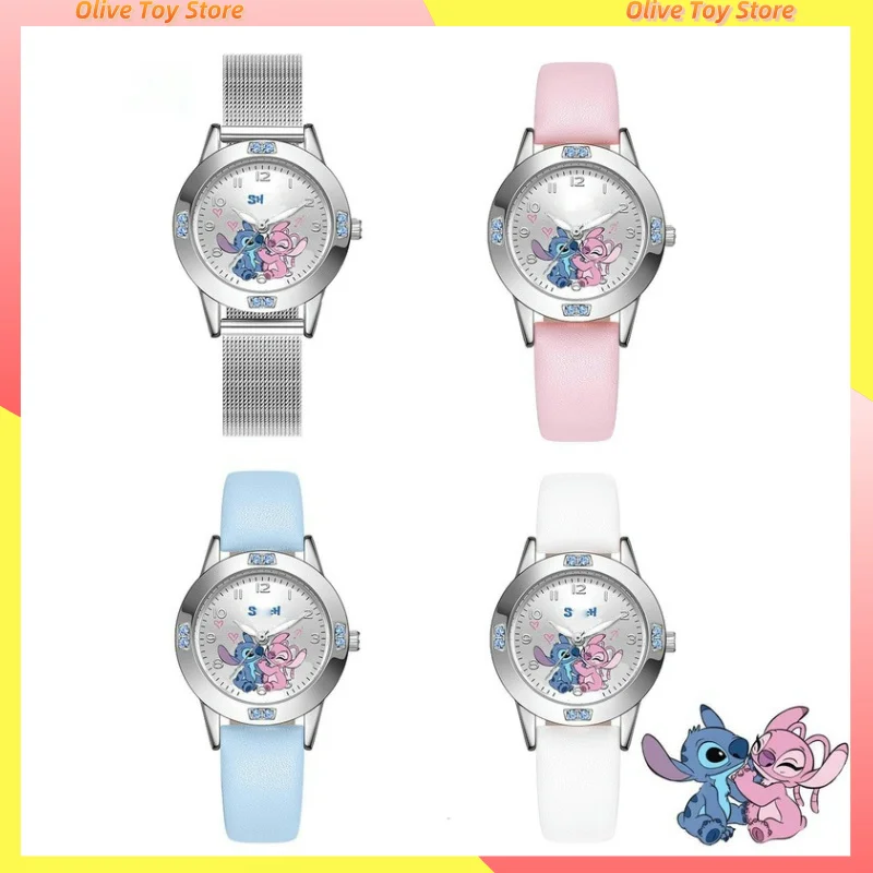 Miniso Disney Stitch Children Watches Cute Cartoon Imitation Diamond Belt Student Quartz Watch Simple Children Birthday Gifts