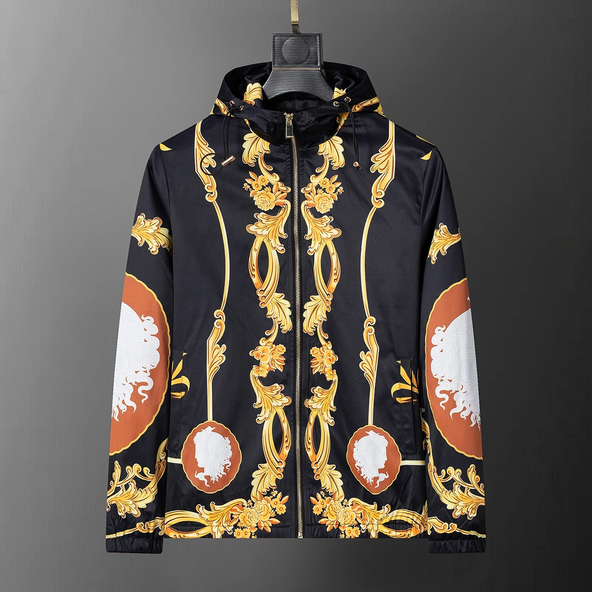 

High Quality Black Gold Zipper Baseball Jacket Street Manteau Homme Hiver Branded Hooded Contrasting Monogram Print Jacket Men