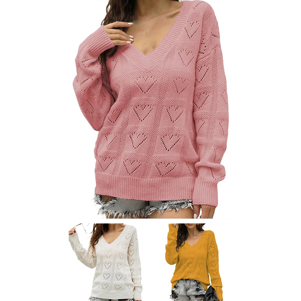 Locker sitzender Damen-Pullover mit V-Ausschnitt, langen Ärmeln, hohlem Herz, Häkelpullover, lässige Strickwaren, geeignet für Party und den täglichen Gebrauch