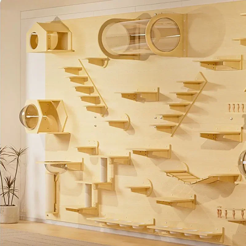 

Настенная лазалка для кошек с четырьмя ступеньками, сизалевой когтеточкой, платформой и гамаком для создания эксклюзивного пространства для активного отдыха кошек.