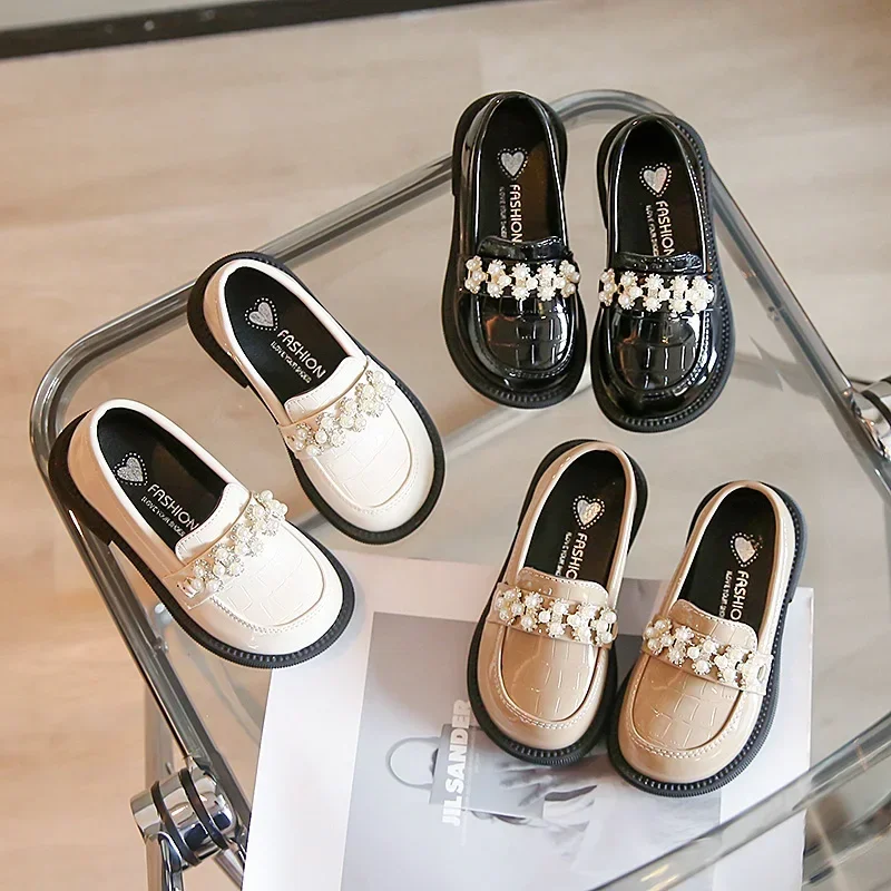 Kids PU Leather Shoes Spring Autumn Fashion Girls Pearls Casual Princess Flats Soft Loafers Simple Children Black Beige