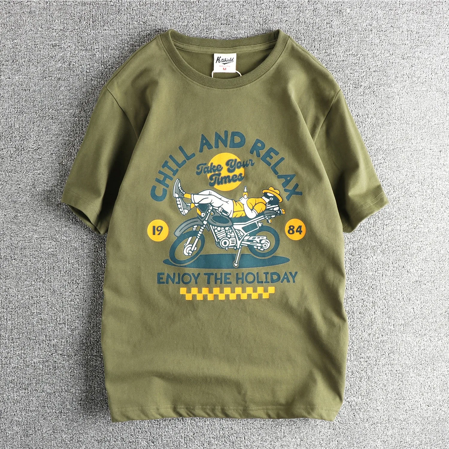 Summer new interesting vintage motorcycle pattern short-sleeved T-shirt pure cotton American trend men's T-shirt