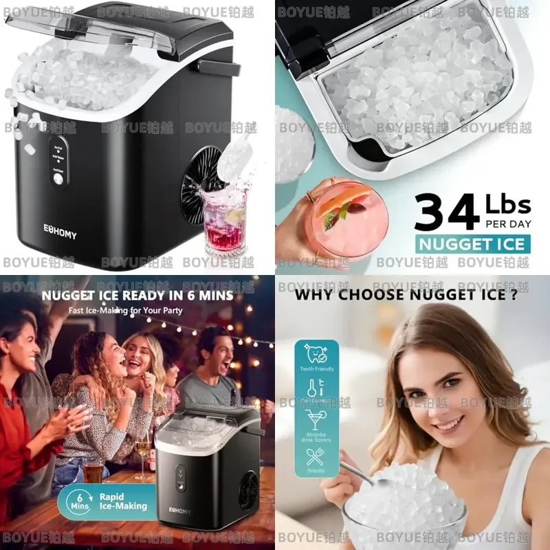 Portable Countertop Nugget Ice Maker Machine with Handle Auto Cleaning Removable Cover Fast Sonic Bullet Ice Production for