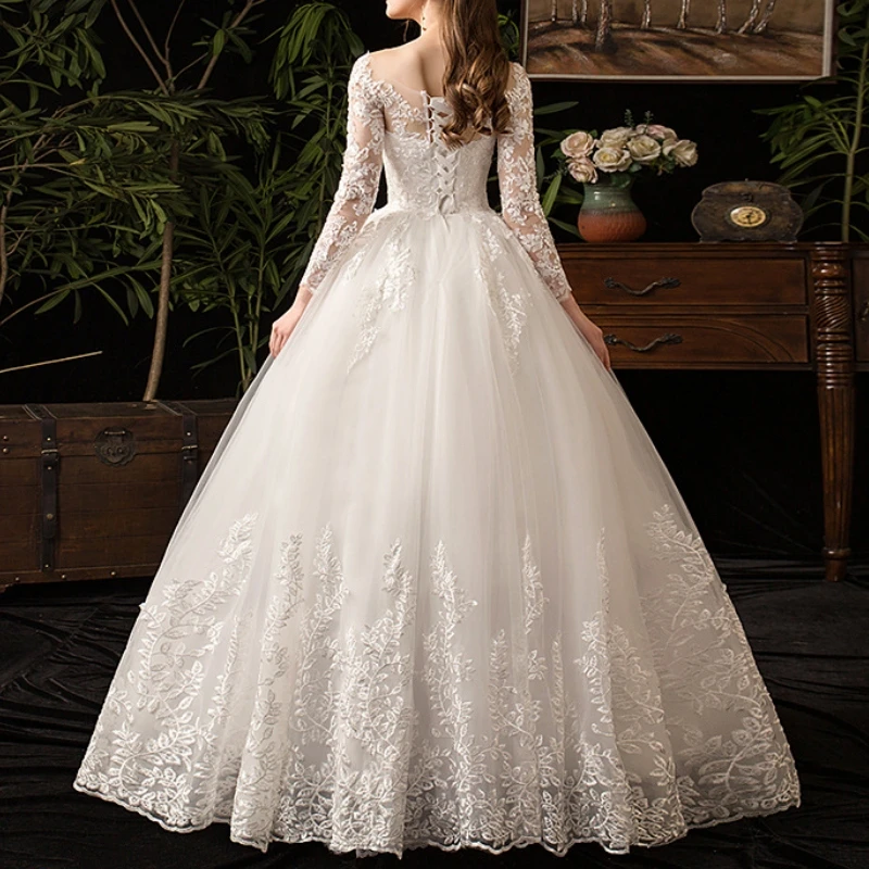 Vestidos De novia De princesa Vintage, manga larga, cuello redondo, Apliques De encaje, corsé, vestidos De novia