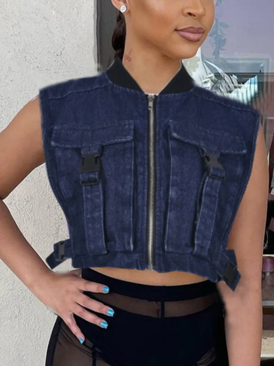 LW blus desain gesper Crop Top kemeja Denim biru blus Crop tanpa lengan wanita atasan pendek musim panas wanita