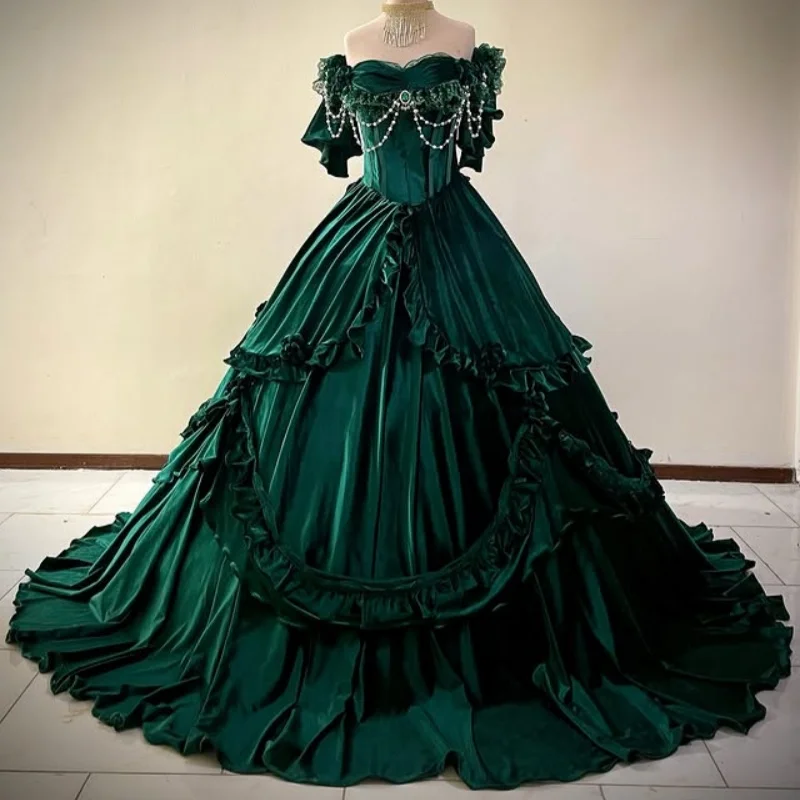 

Customized simple blackish green Quinceanera Dresses Off the Shoulder applique layering Long tail Bow Vestido 15 Quinceanera