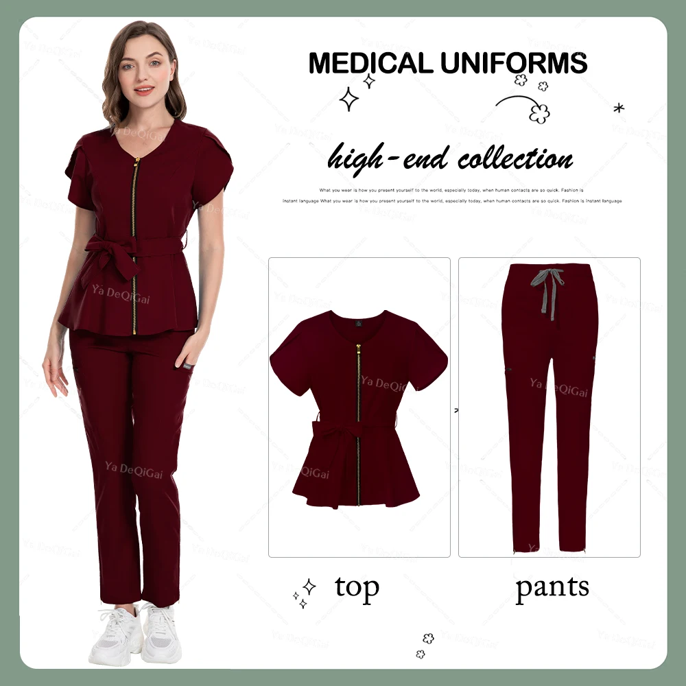 Vrouwen Medische Elastische Scrubs Sets High-End Ziekenhuis Chirurgische Uniformen Verpleging Top Broek Accessoires Beauty Spa Werkkleding