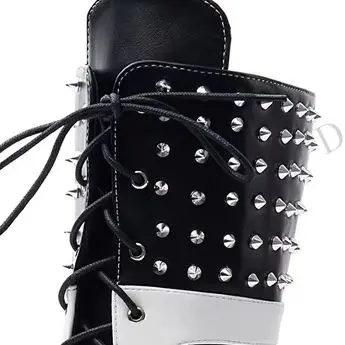 Black White Color Block Rivet Knee High Boots Front Lace Up Pointed Toe Stiletto Heels Side Zip Women Punk Street Fashion Boots