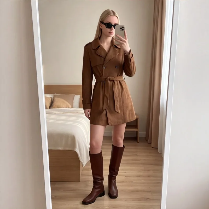 Classic Commuter Style Guobioziy Women's Faux Suede Trench Coat With Belt Shoulder Tabs Long Sleeve Double Breasted Winter Coat