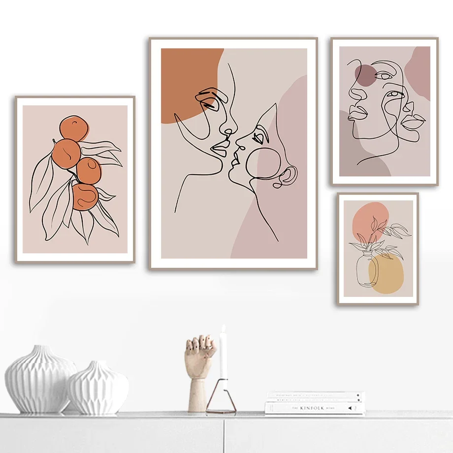 Abstract Man Woman Lines Orange Leaf Wall Art Canvas Painting Nordic Posters And Prints Wall Pictures For Living Room Decor