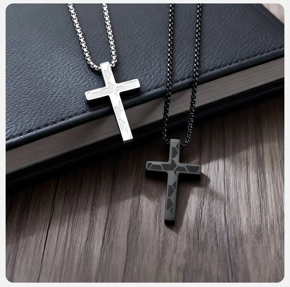 Vnox Kreuz-Anhänger-Halskette für Männer und Frauen, Edelstahl, schwarz-silberfarbene Kastenkette, trendiger christlicher religiöser Schmuck, Geschenk – Detail 6