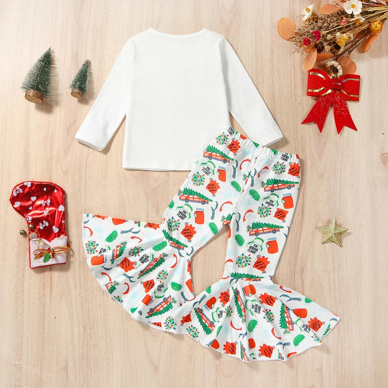 

Infant Girl 2-Piece Christmas Ensemble with Long Sleeve Hat Letter Print Top and Flare Pants - Adorable Toddler Clothing Set