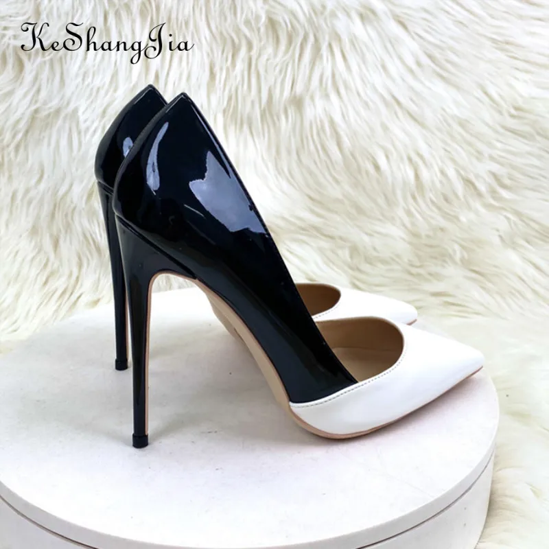 KeShangJia สีดำและสีขาวสีจับคู่รองเท้าส้นสูงชี้ Toe Stiletto Slip บนหญิงปั๊มเซ็กซี่ Casual รองเท้าชุดเดรสสำหรับผู้หญิง