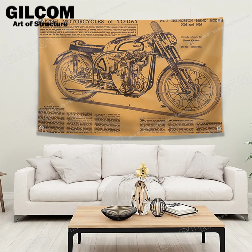 Motorcycle Structure Diagram Banner Flag  British Norton Motor Oil Art Decor Design Vintage  Chart Garage Pub Club Bar Study