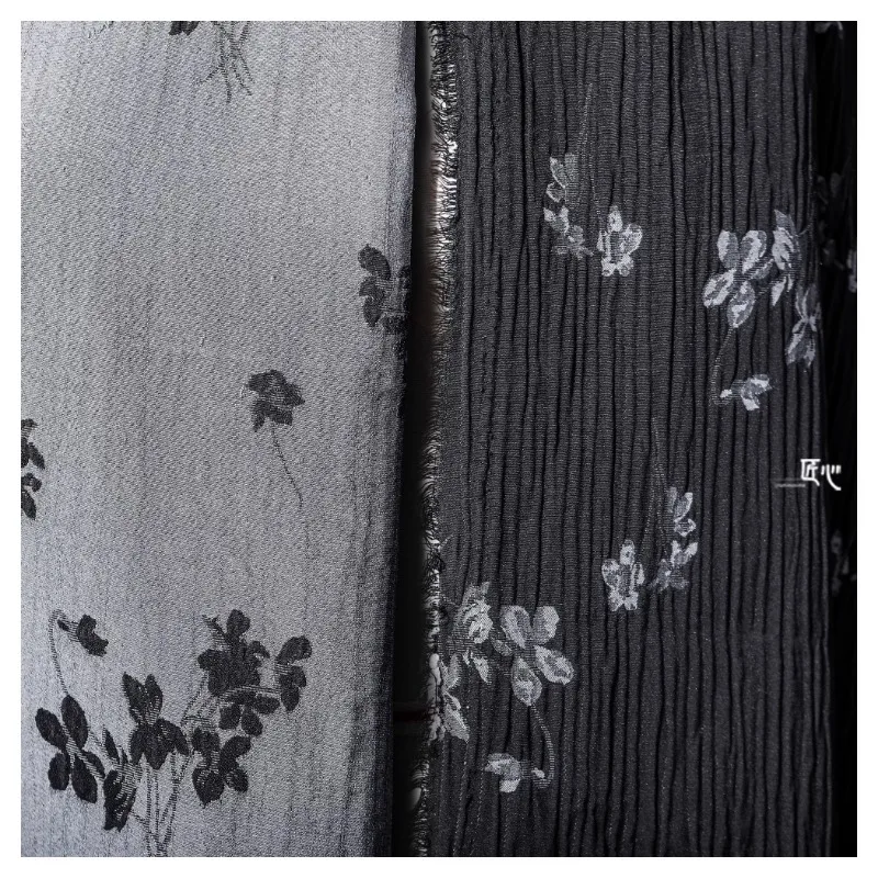 Black and White Cherry Blossom Jacquard Cotton Linen Fabric with Reconstructed Pleated Texture Artistic Chinese Style Hanfu