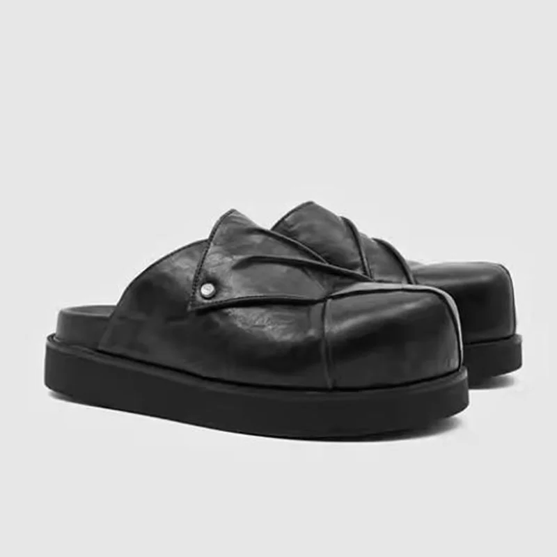 New Big-head Men's Slip-on Loafers High-end Casual Leather Shoes Black Men's Slippers Half Shoes For Men Mules Man Shoes