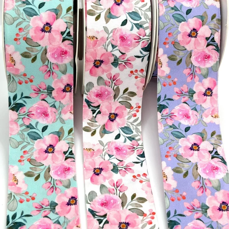 Podwójna twarz kwiatowy nadruk na tkaninie wstążka 2,5-4cm 3 jardy do ręcznie robionych kokardek DIY Craft Scrapbook Easter Wedding Deco Gift Packing